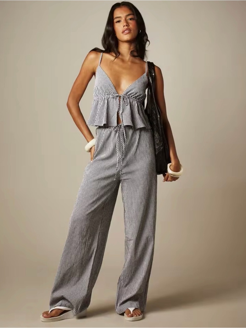 Gingham Tie-Front Wide-Leg Jumpsuit - Black/White